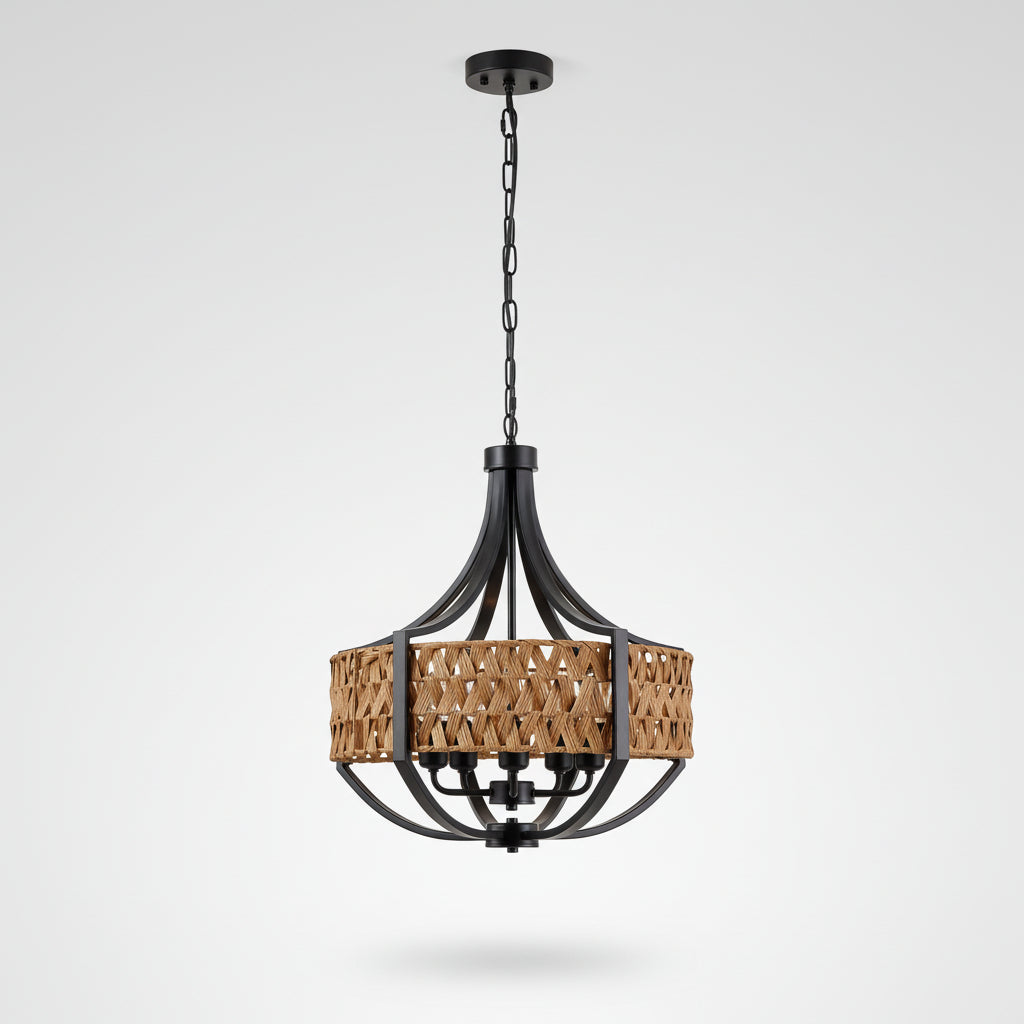 A multi-light pendant chandelier with a black metal frame and a natural woven rattan shade, suspended by a chain from a round ceiling canopy.