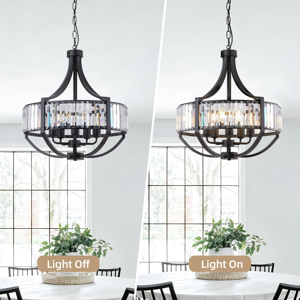A split comparison of a black chandelier shown in a dining room, labeled 'Light Off' on the left and 'Light On' on the right. The chandelier has a dark metal frame with clear rectangular glass prisms that catch and reflect the light.