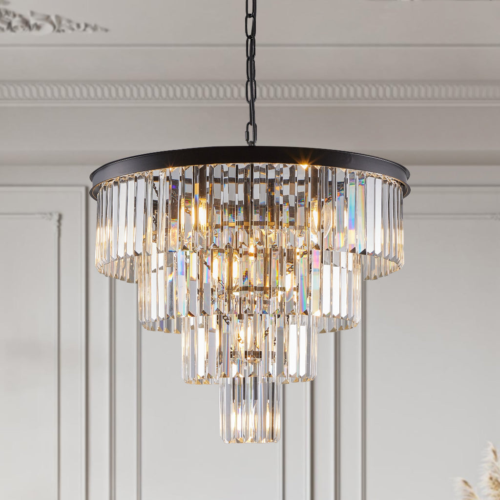 Chandelier with crystal accents hanging from a ceiling