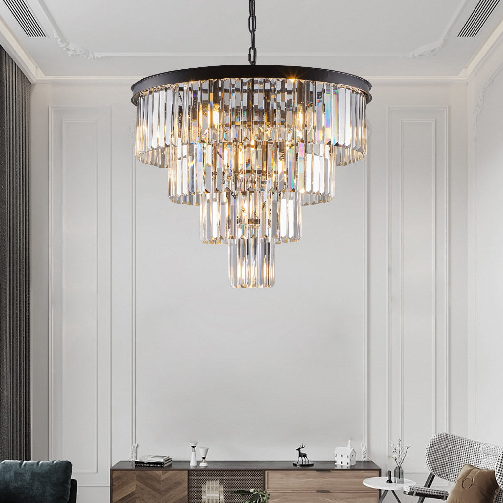 Chandelier hanging in a modern living room with neutral decor