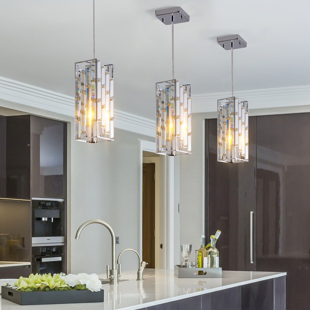 Modern kitchen with pendant lights above a countertop