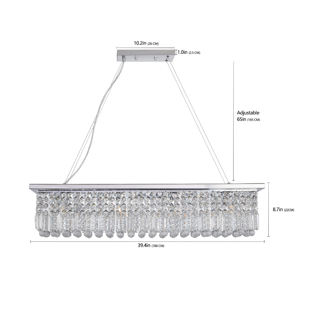 Chandelier with crystal accents and dimensions on a white background