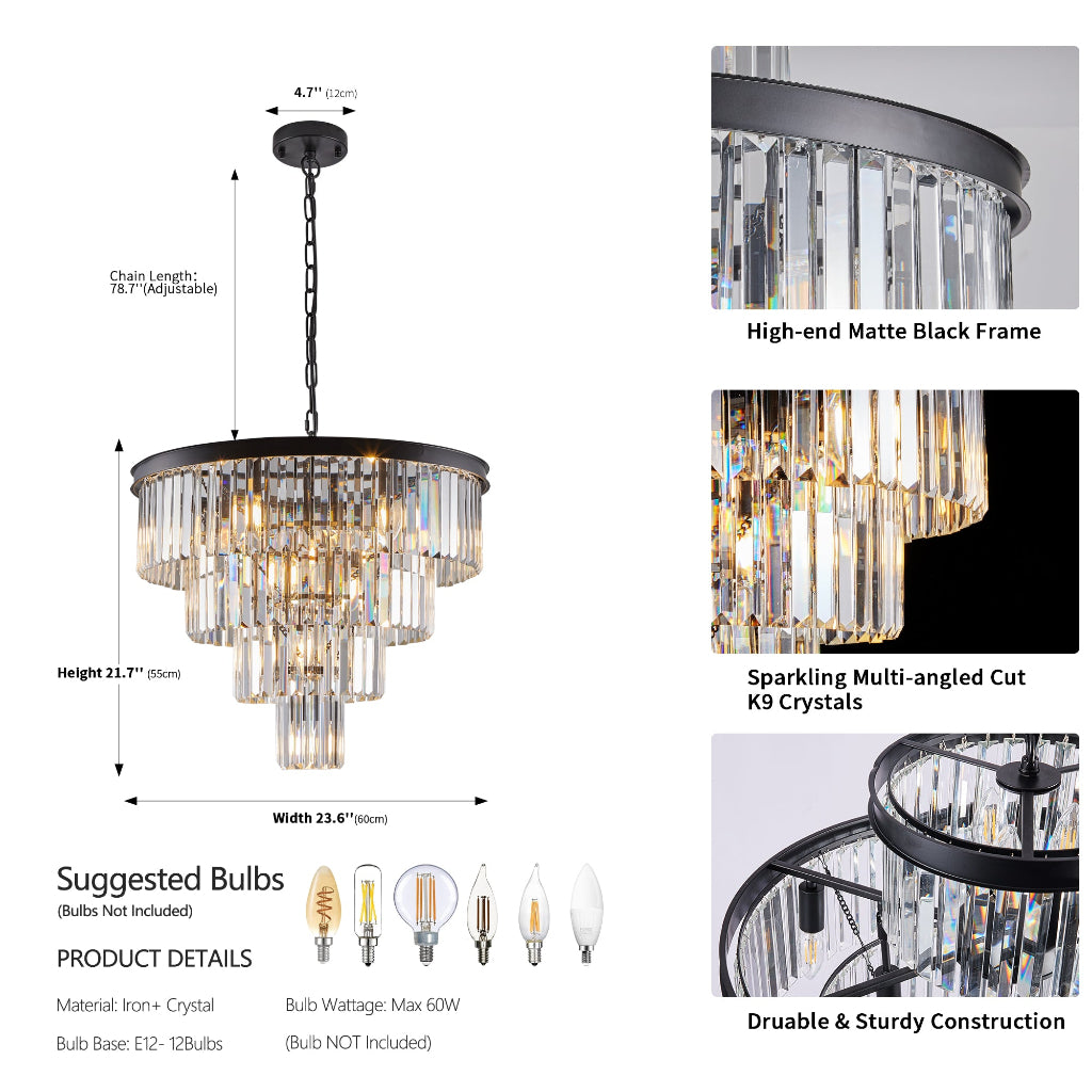 Chandelier with detailed specifications and features on a white background