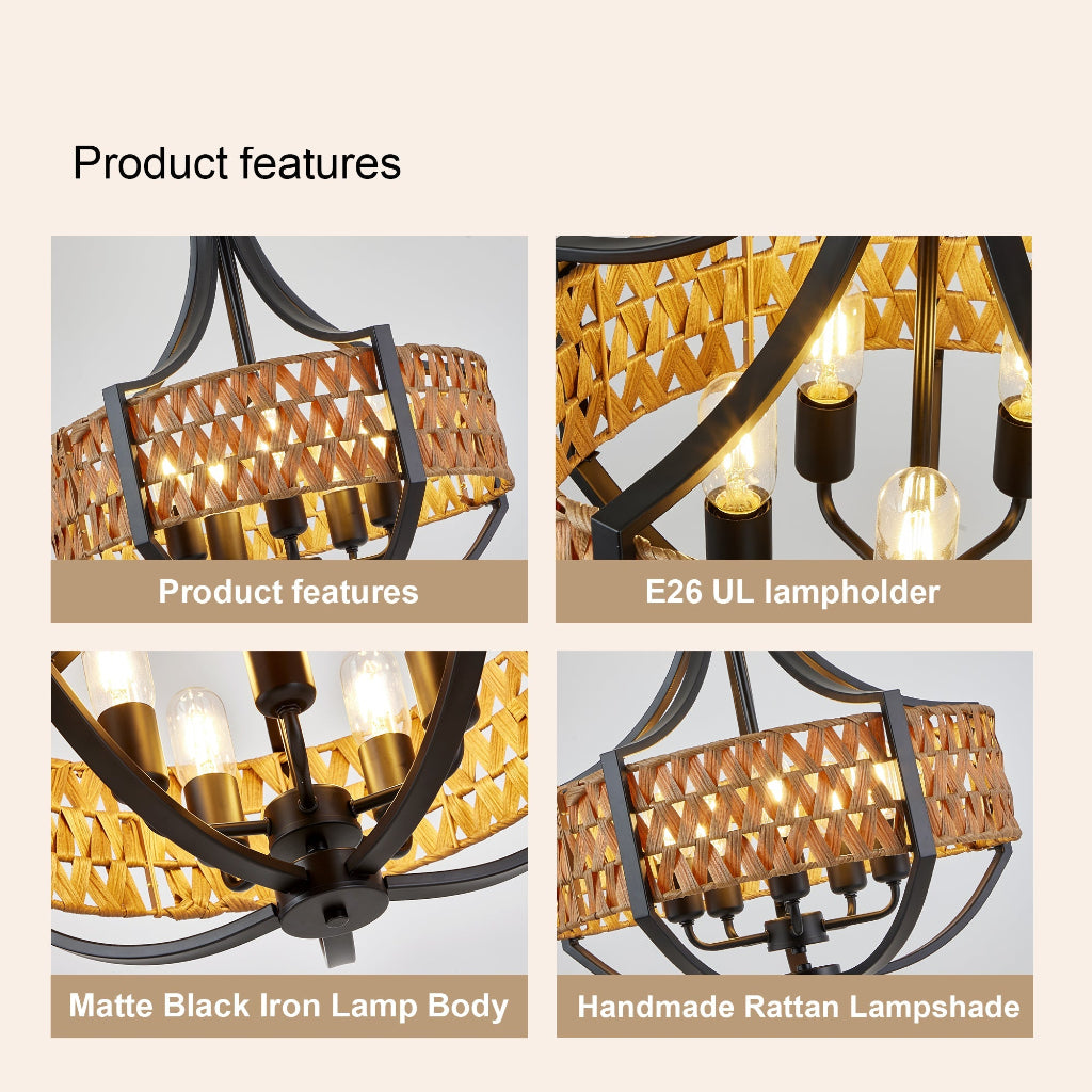 A 2x2 product feature collage for a rattan pendant light, showing close-up views of the matte black iron lamp body, E26 UL lampholder, warm glowing bulbs, and the handmade rattan lampshade on a light beige background.