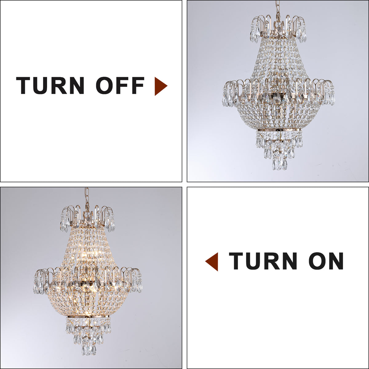 Chandelier shown in 'Turn Off' and 'Turn On' states with text labels.