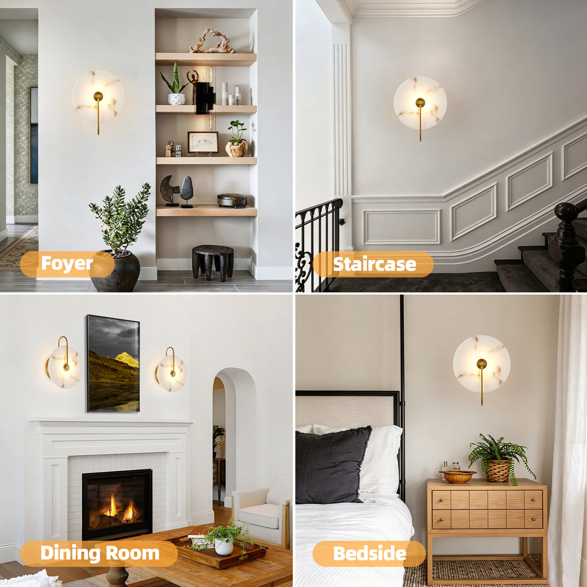 Collage of interior design elements including a foyer, staircase, dining room, and bedside area with wall sconces.