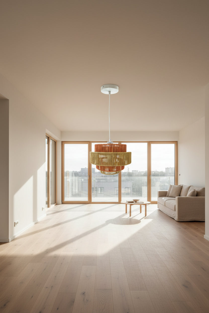 Woven pendant light with orange and beige shades on a white background