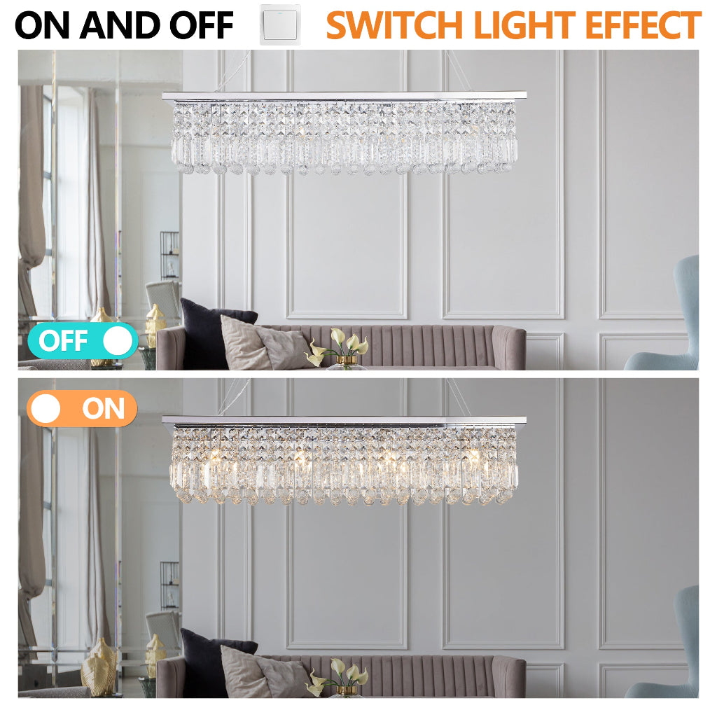 Light fixture switch effect showing 'Off' and 'On' states in a room with a sofa and decorative items.