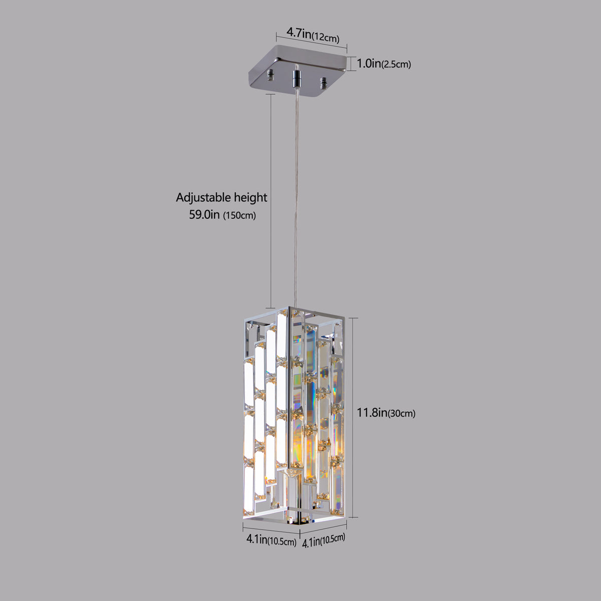 Chandelier with dimensions labeled on a gray background