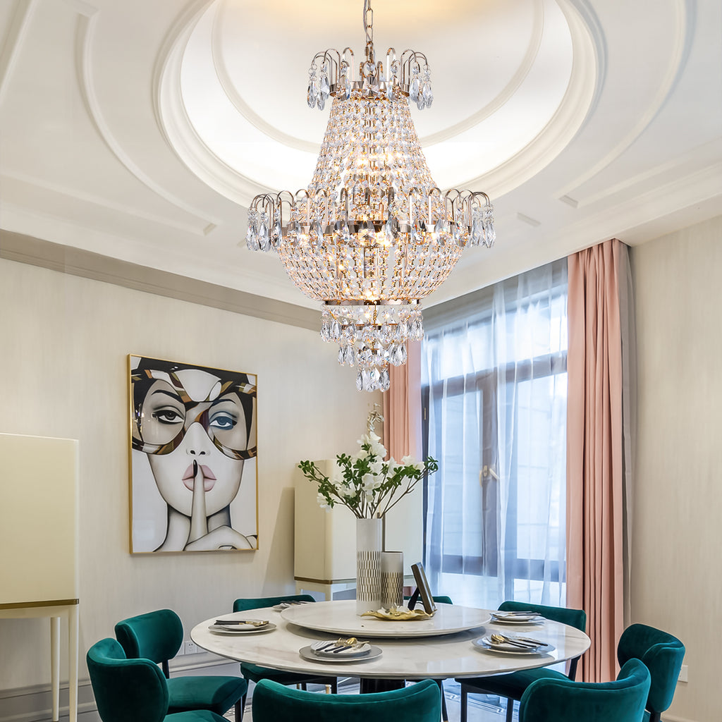 Dining room with a chandelier, table setting, and decorative elements.