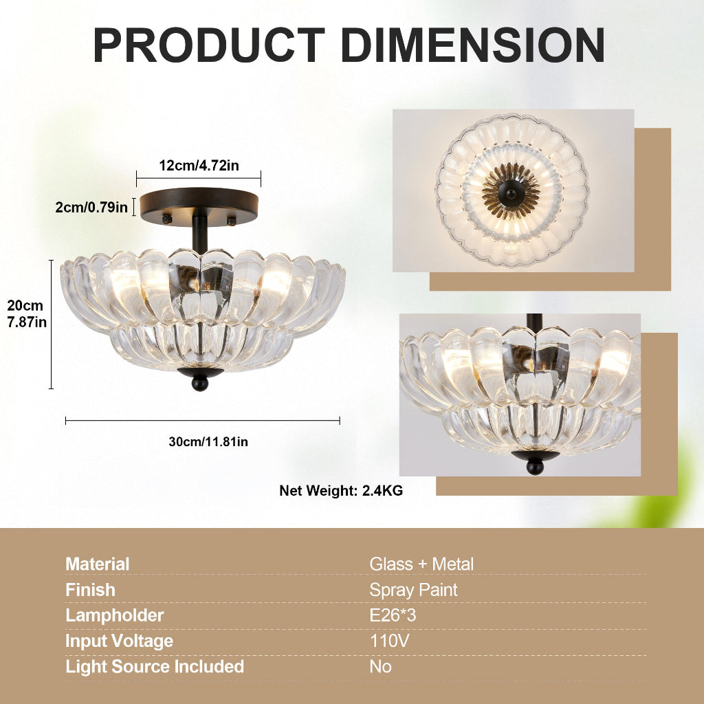 Product dimension diagram for a modern semi-flush mount ceiling light fixture. The image shows the fixture labeled with dimensions (12cm, 20cm, 30cm), a top-down view showing the light source, a close-up of the circular canopy, and a bottom section with material and finish details.