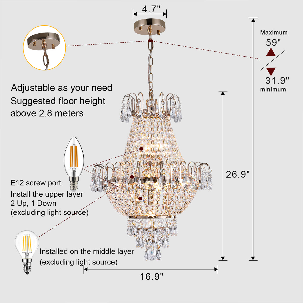 Chandelier with dimensions and installation instructions on a white background