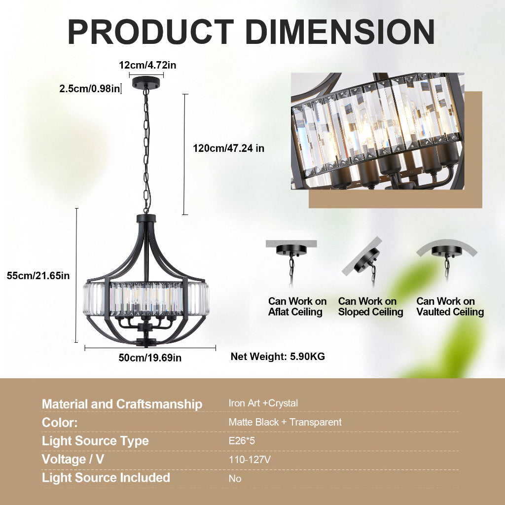Product dimension diagram for a black metal multi-light chandelier with clear cylindrical glass shades, showing measurements, weight, material details, and ceiling installation options on a light background with a beige information panel at the bottom.