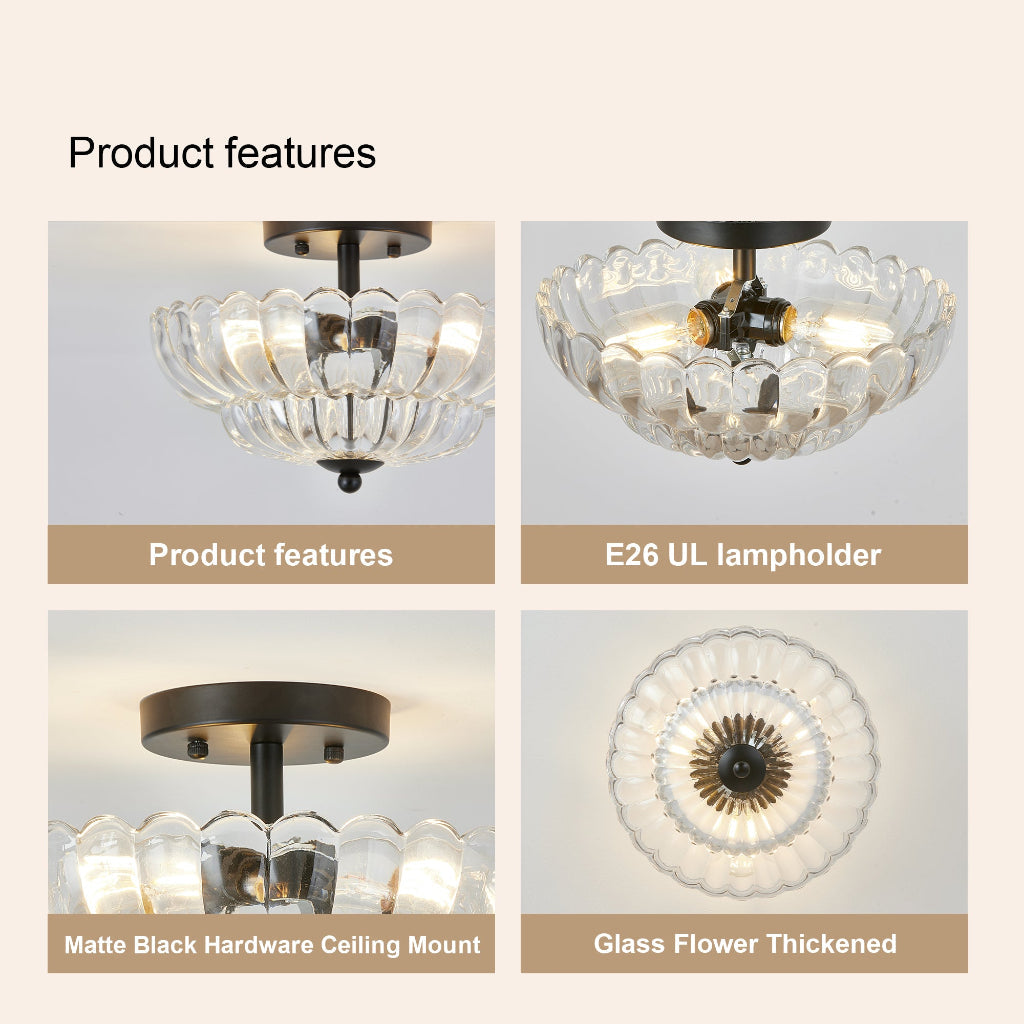 Product features graphic, showing four panels: the lit chandelier from above, E26 UL lampholder detail, matte black hardware ceiling mount detail, and the glass flower thickened detail, on a beige background with text labels.