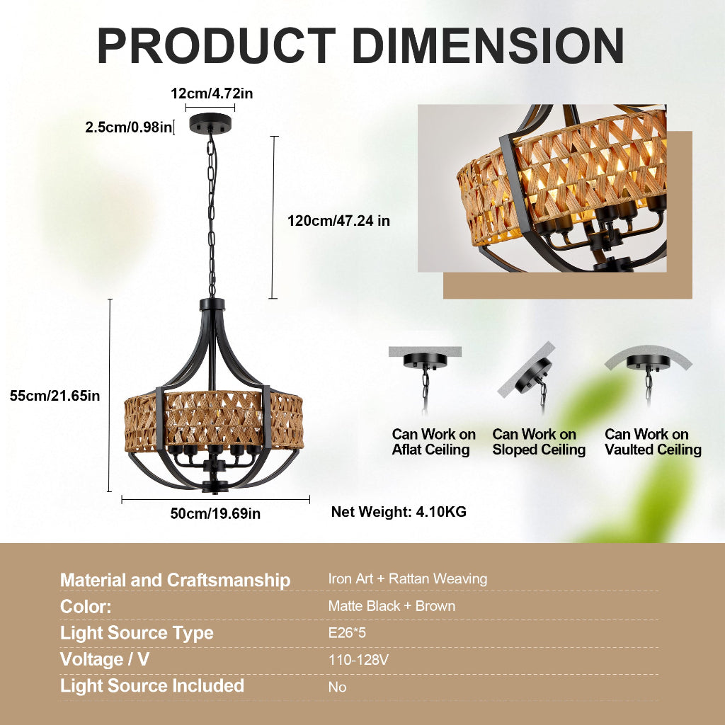 Product dimension diagram for a hanging pendant light fixture, showing the full fixture with measurements, ceiling mounting options, material details, and a specification table on a light background.
