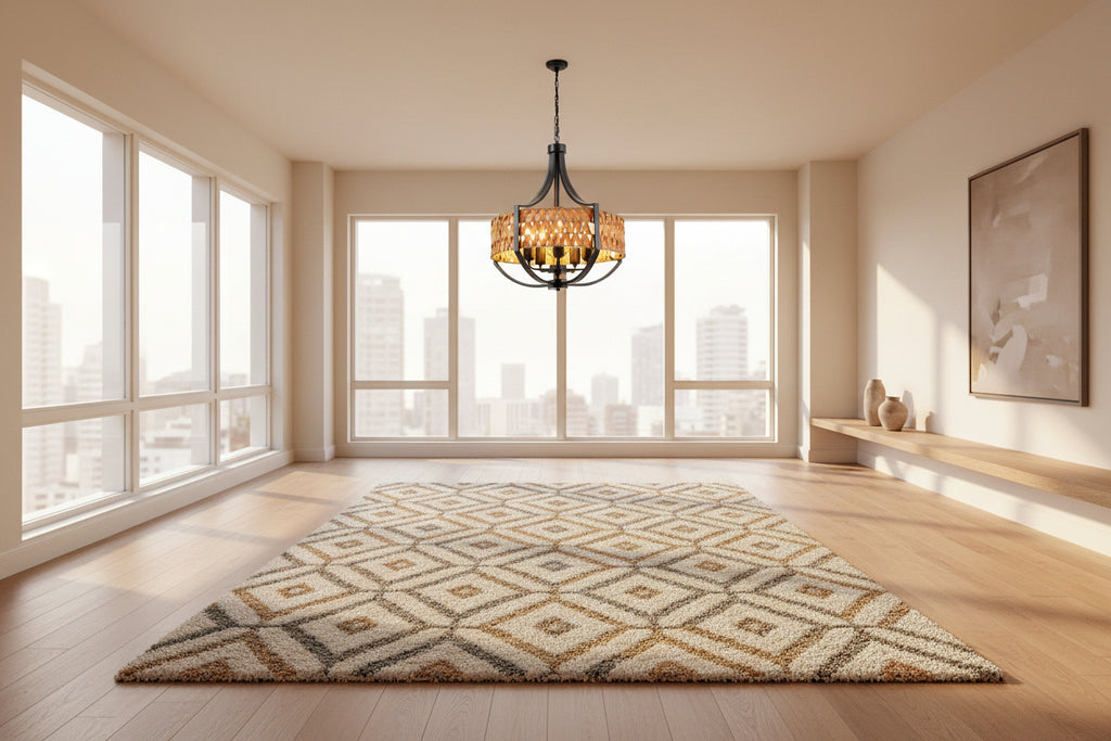 A multi-light chandelier with a black metal frame and a woven amber-gold shade, shown hanging in a home interior with warm lights turned on.