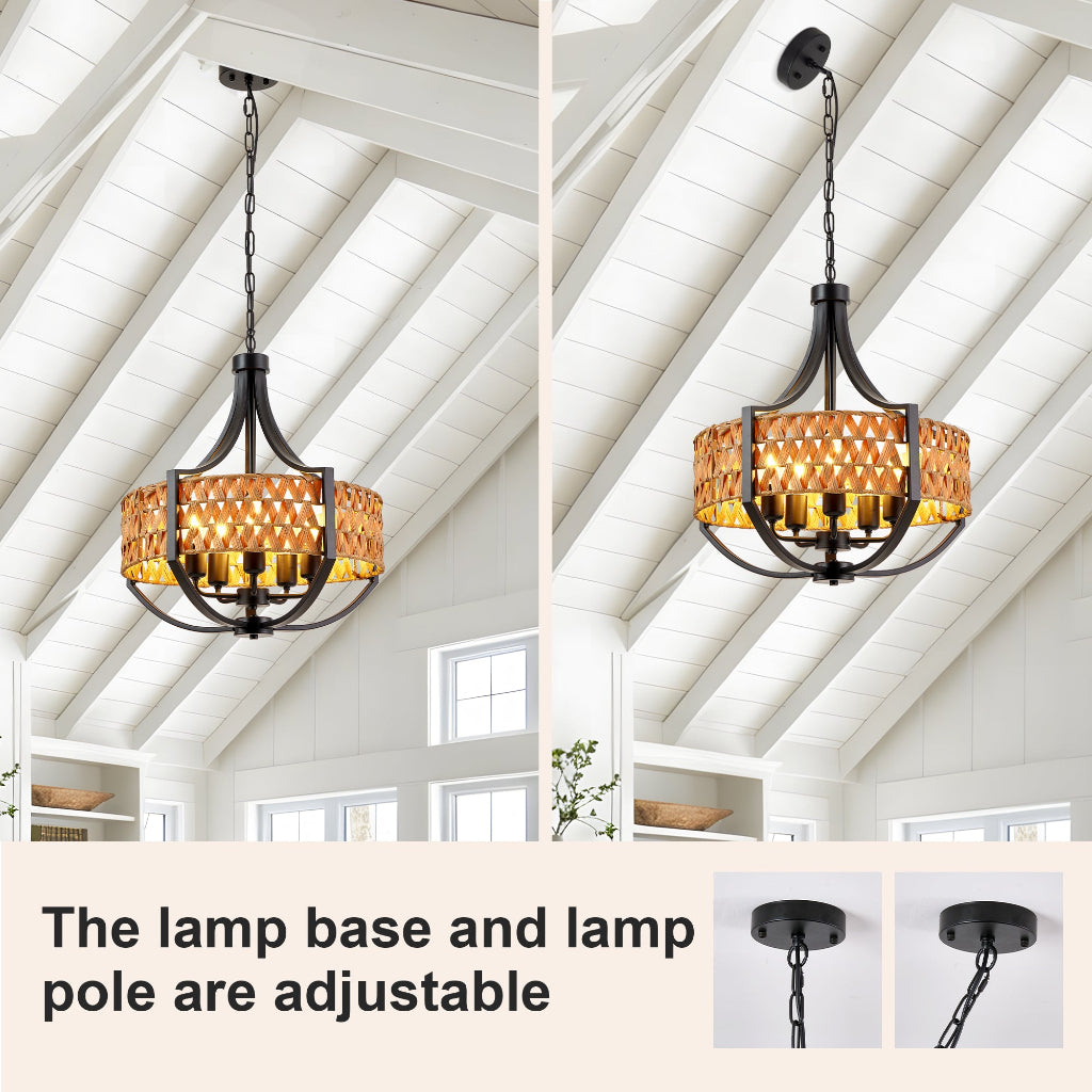A multi-panel product image showing a hanging pendant chandelier in a bright attic or loft setting with white exposed beams. The chandelier has a black metal frame and a warm amber/orange woven shade.