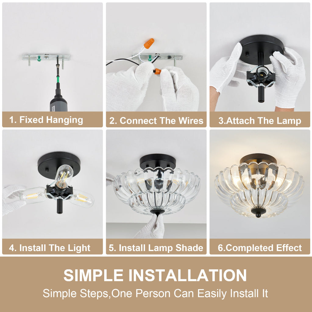 A six-panel installation guide showing how to mount, wire, and install a ceiling light fixture. The panels are labeled 1 through 6 with text: Fixed Hanging, Connect The Wires, Attach The Lamp, Install The Light, Install Lamp Shade, and Completed Effect.