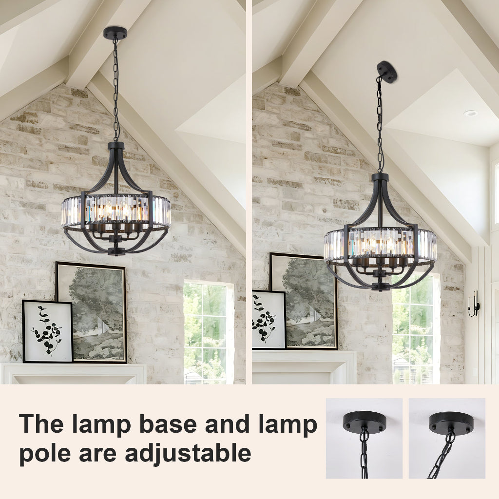 A black metal multi-light chandelier with clear cylindrical glass shades is shown hanging in a bright attic-style room with stone walls and framed art. The image is a split view with the same chandelier on the right, plus a bottom inset showing the adjustable lamp base and pole.