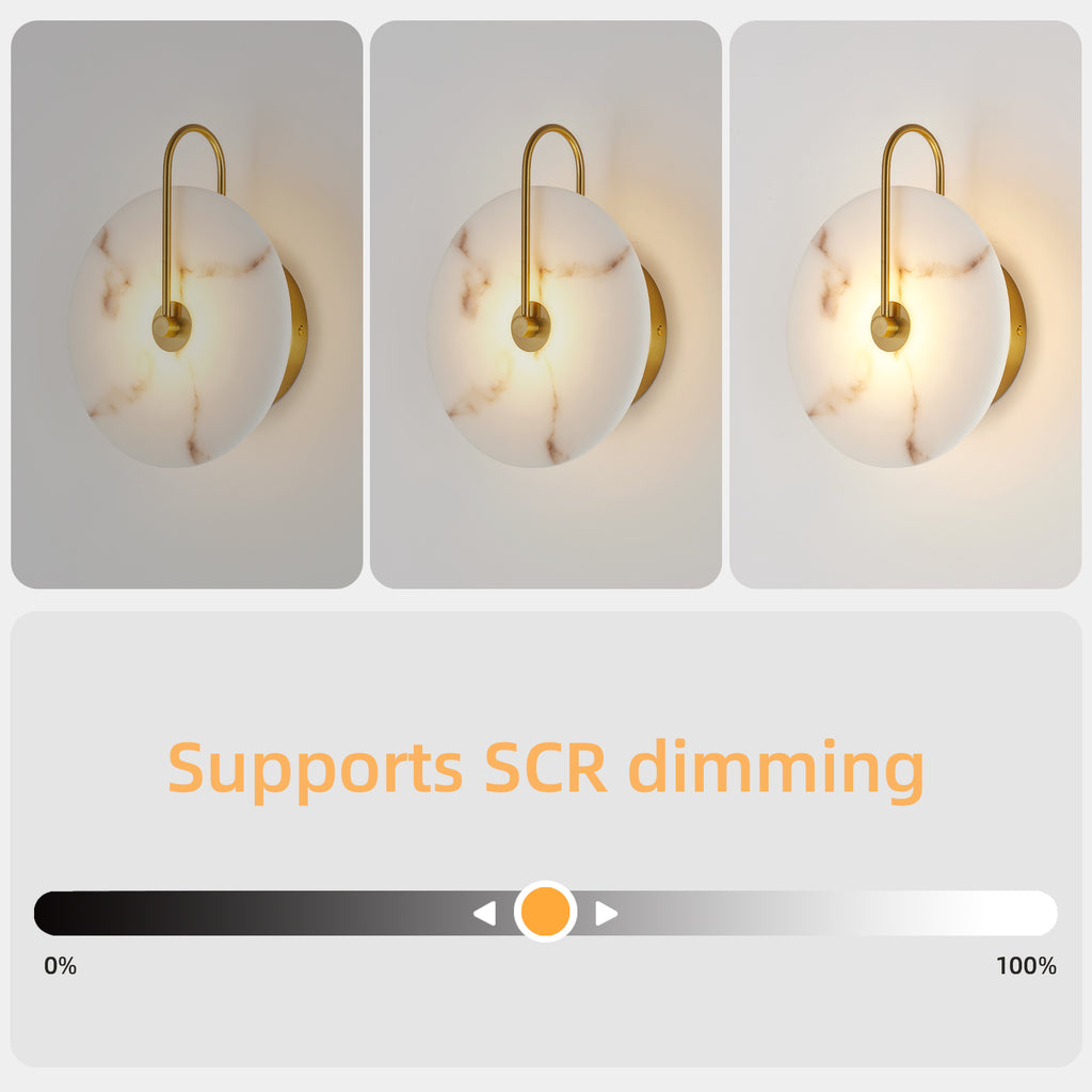 Three-panel view of a wall sconce with a white marble-look globe shade and curved gold metal arm, shown lit on a light gray background. Below the panels, text reads 'Supports SCR dimming' above a dimmer slider.
