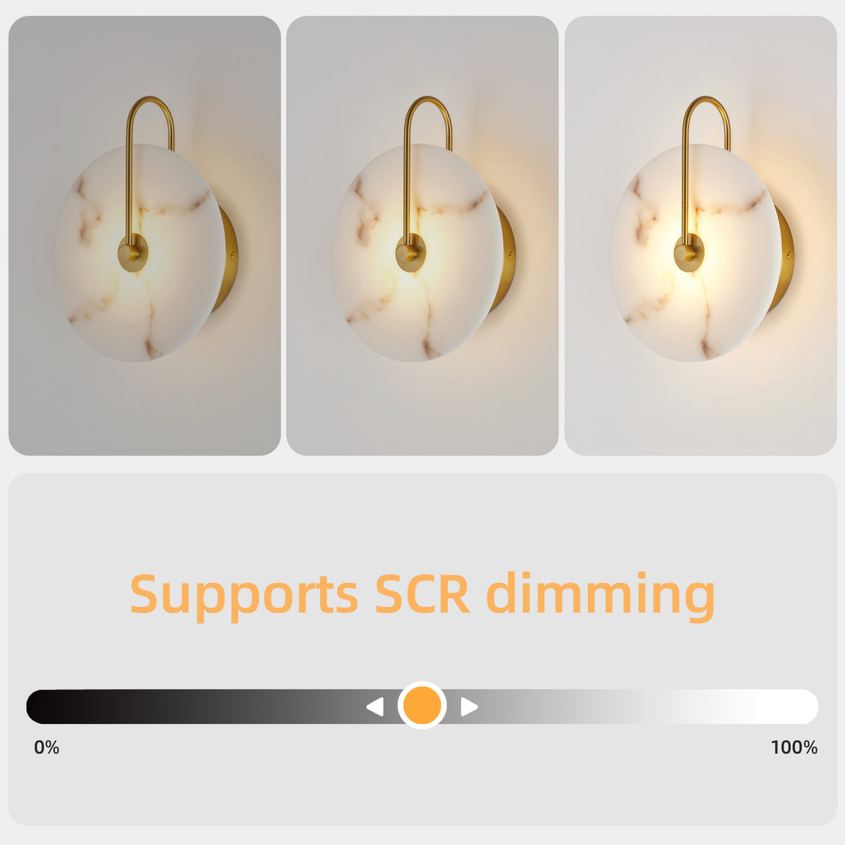 Three-panel view of a wall sconce with a white marble-look globe shade and curved gold metal arm, shown lit on a light gray background. Below the panels, text reads 'Supports SCR dimming' above a dimmer slider.