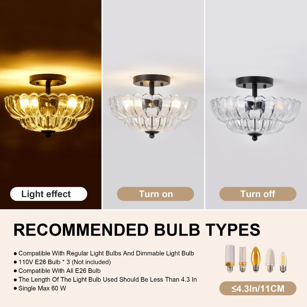 A three-panel comparison graphic for a semi-flush mount ceiling light fixture. The left panel shows the light turned on, casting a warm yellow glow.