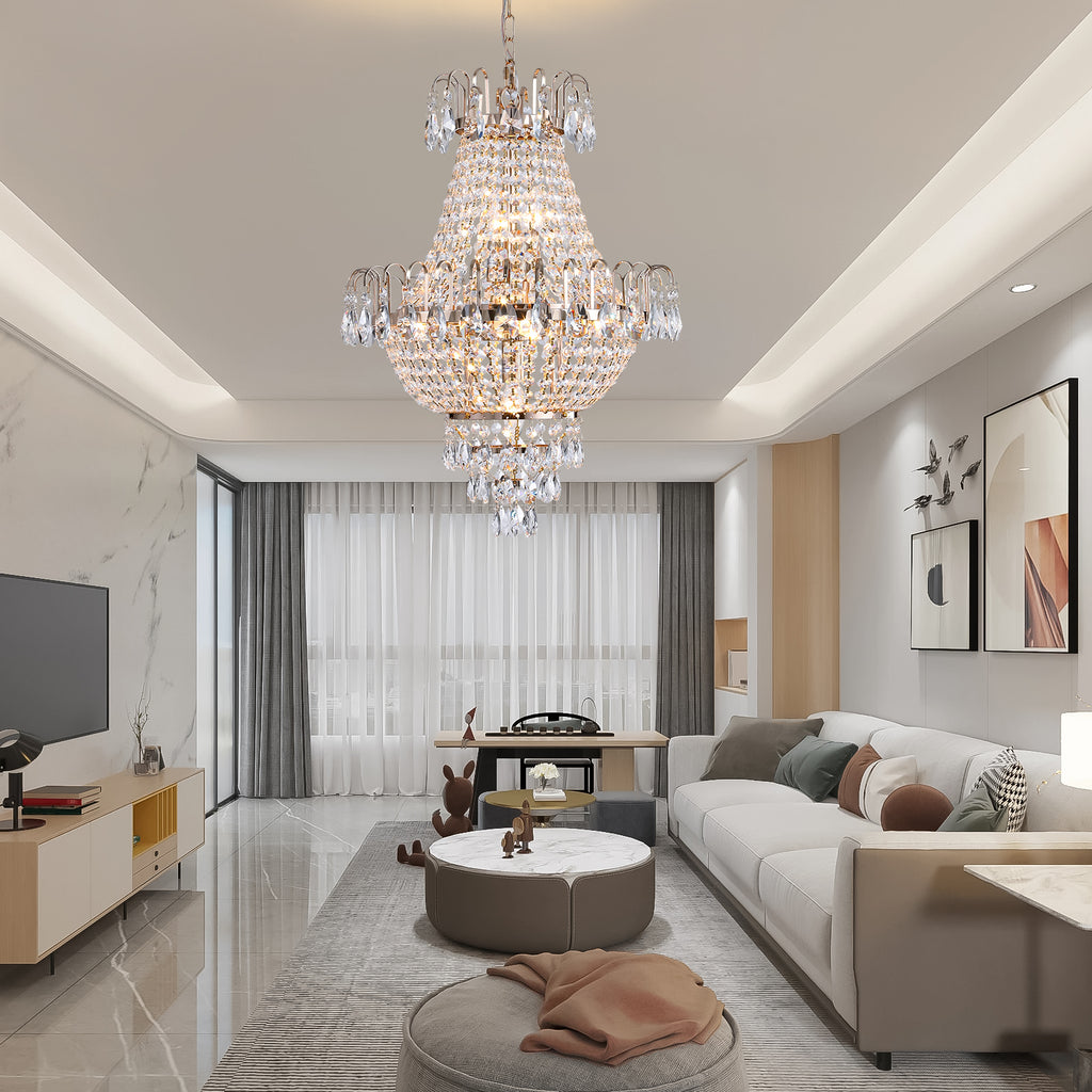 Modern living room with a chandelier, sofa, and coffee table.