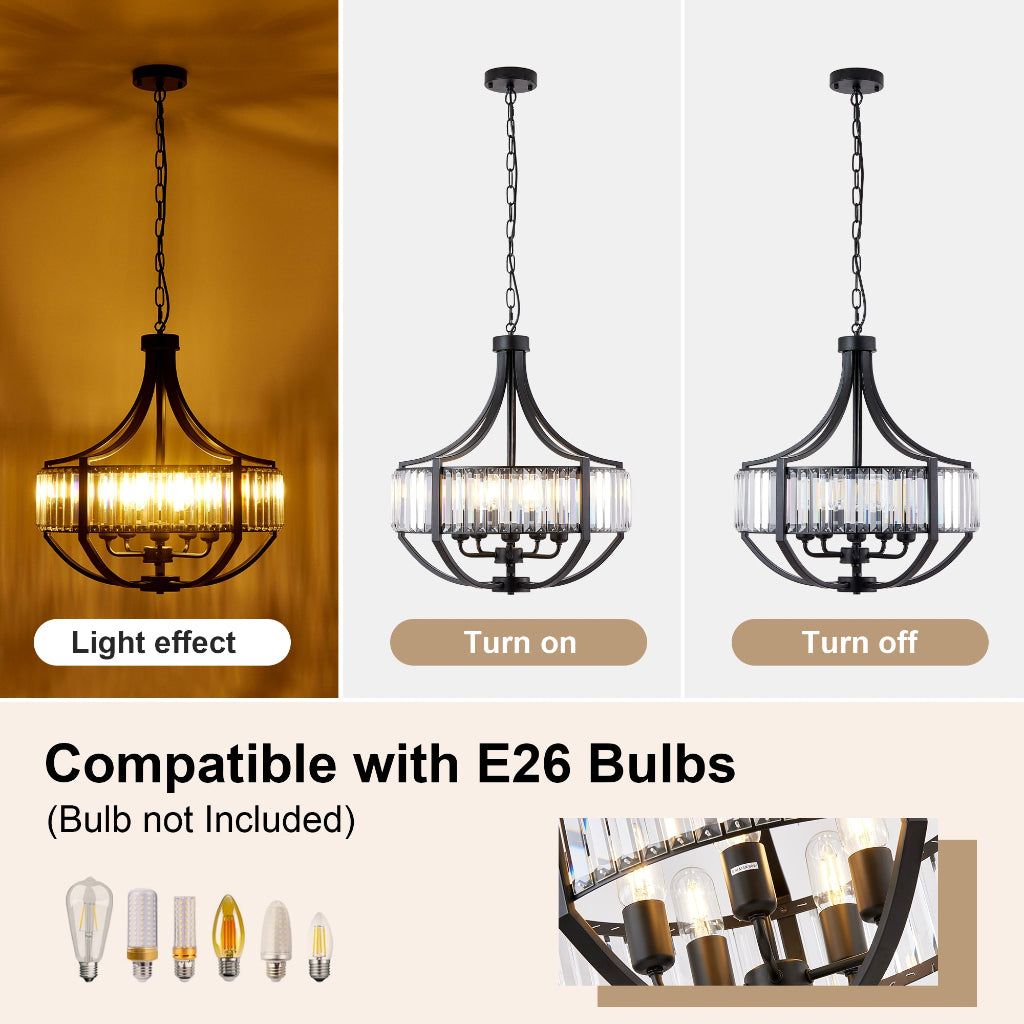 A multi-panel product graphic showing a black metal chandelier pendant light in different states: one panel shows it lit with warm yellow light, two panels show it unlit with clear glass shades, text labels 'Light effect', 'Turn on', and 'Turn off', plus 'Compatible with E26 Bulbs (Bulb not Included)' and small bulb icons.