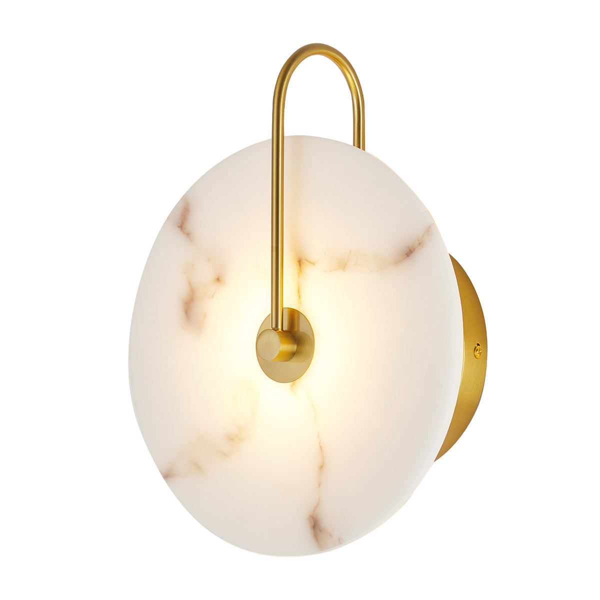 A modern wall sconce with a round white marble-look glass shade, a curved gold metal arm, and a circular gold wall mount, shown against a plain white background.