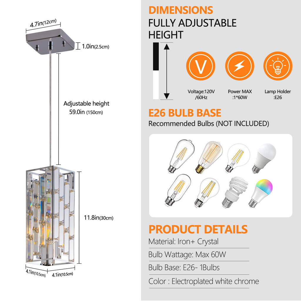Chandelier with dimensions and bulb information on a white background