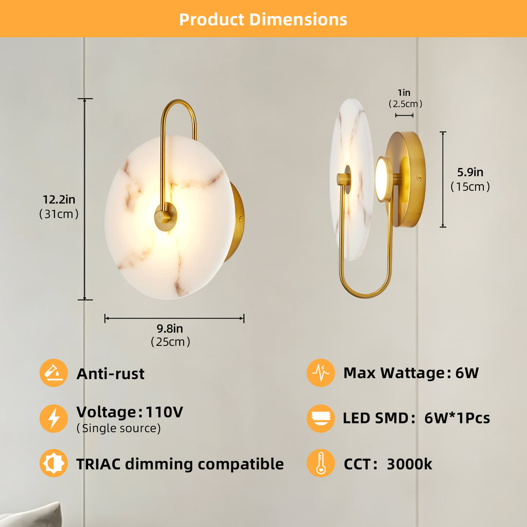 Product dimensions diagram for a wall-mounted sconce, showing front and side views with measurements, plus feature icons for anti-rust, 110V, LED SMD 6W, TRIAC dimming, and CCT 3000k.