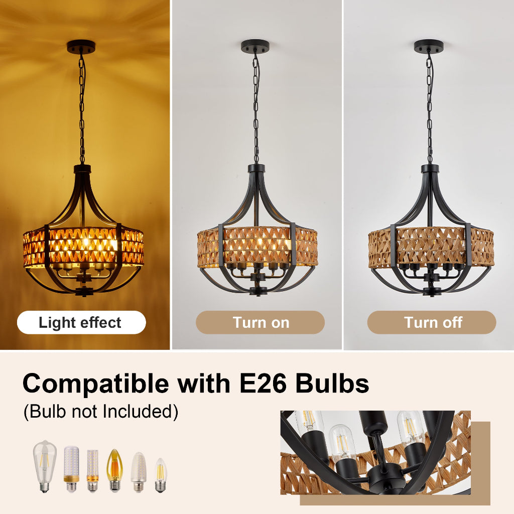 A three-panel product presentation of a hanging pendant light fixture. The left panel shows the lit fixture casting a warm yellow glow, the middle panel shows the fixture with the shade turned on, and the right panel shows the fixture with the shade turned off.