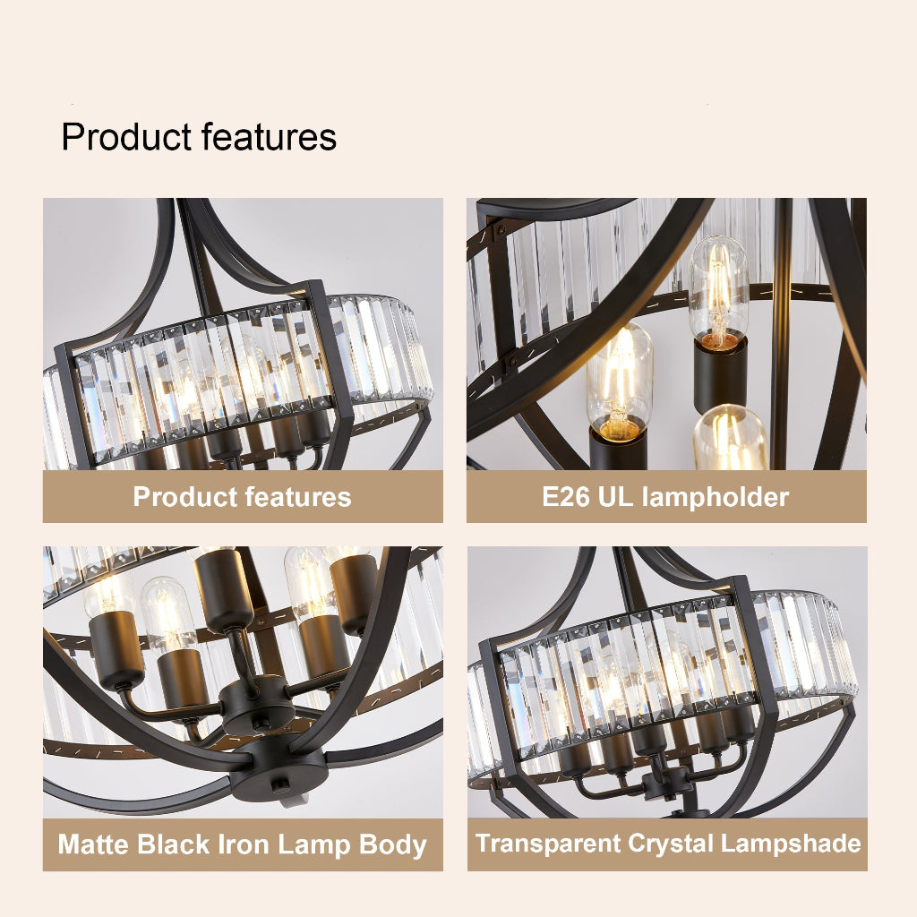 Product features graphic , showing four inset close-up photos with labels: product features, E26 UL lampholder, matte black iron lamp body, and transparent crystal lampshade.