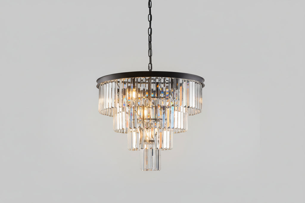 Chandelier with crystal accents in a room with large windows
