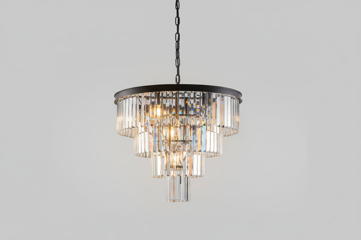 Chandelier with crystal accents in a room with large windows