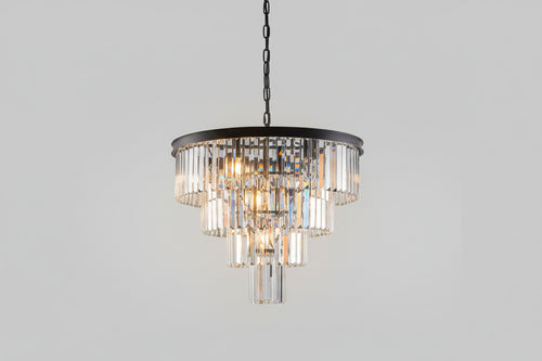 Chandelier with crystal accents in a room with large windows