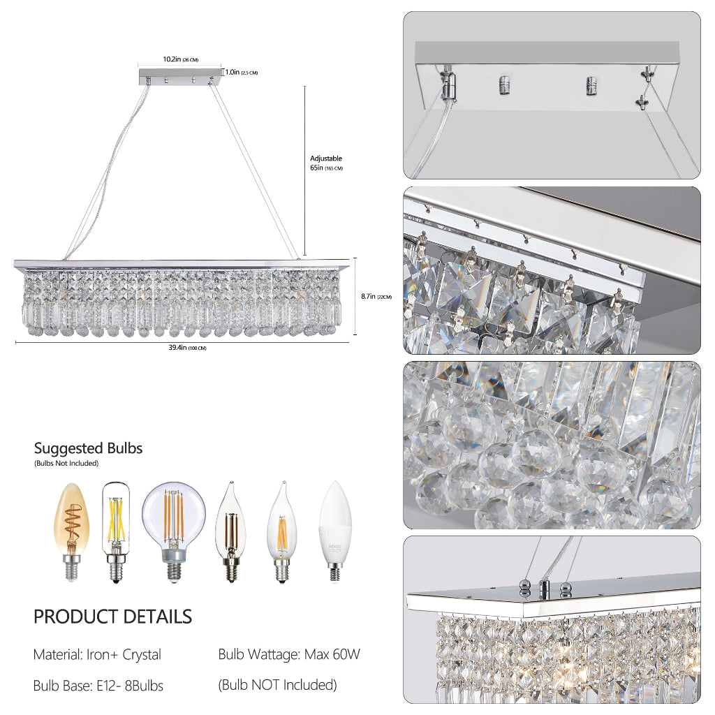 Chandelier with crystal details and product specifications on a white background