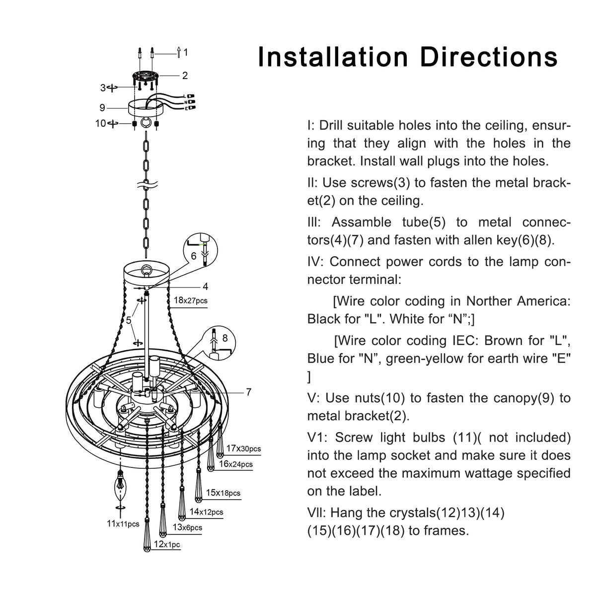 Installation diagram for a ceiling light fixture with text instructions.