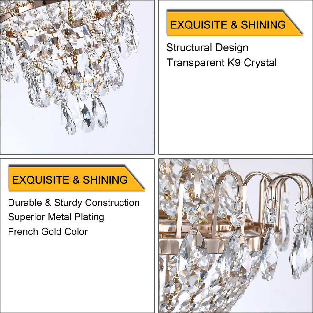 Chandelier with transparent K9 crystal and gold accents, labeled 'Exquisite & Shining'.