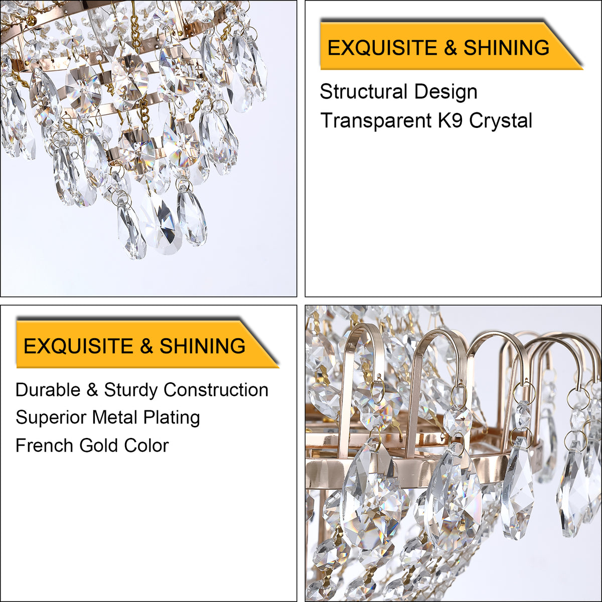 Chandelier with transparent K9 crystal and gold accents, labeled 'Exquisite & Shining'.