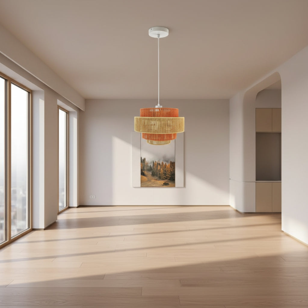 Modern pendant light hanging above a sofa in a living room setting.