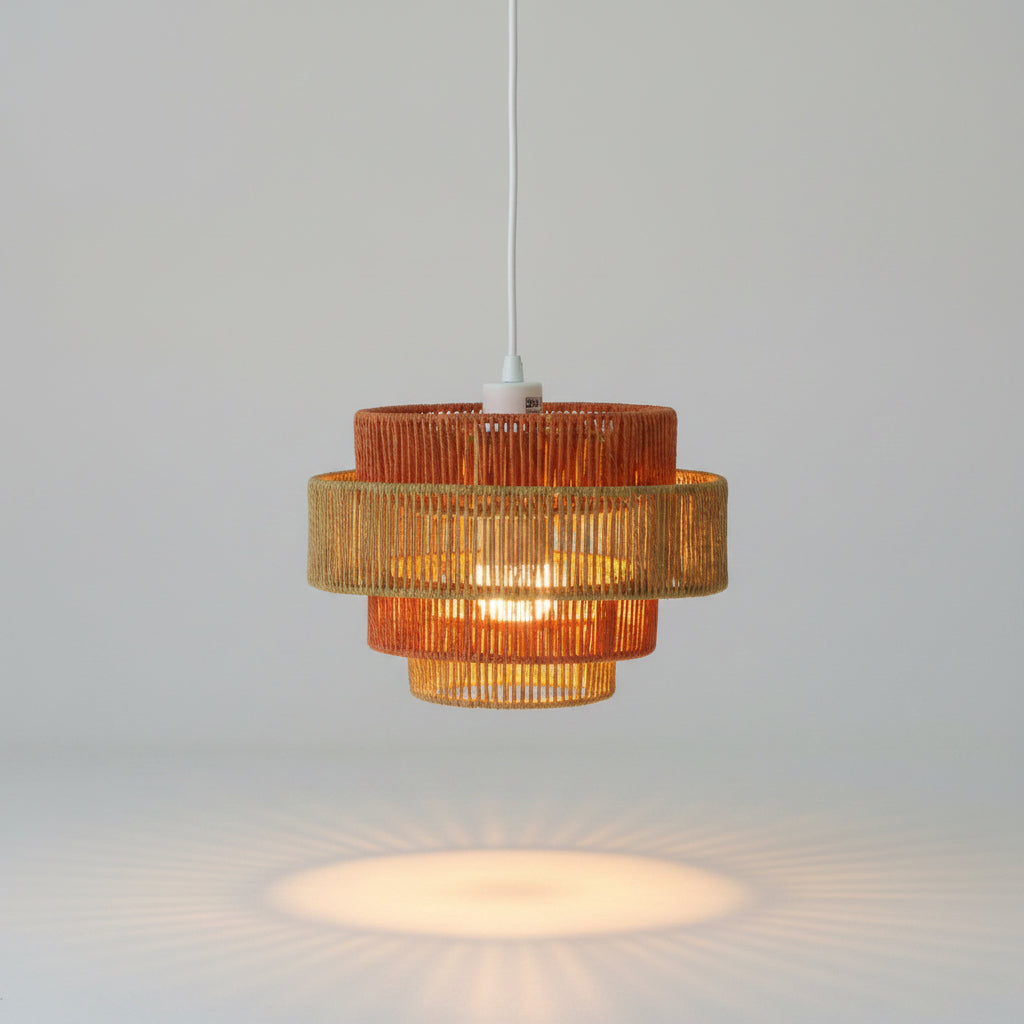 Woven pendant light with a white bulb on a white background
