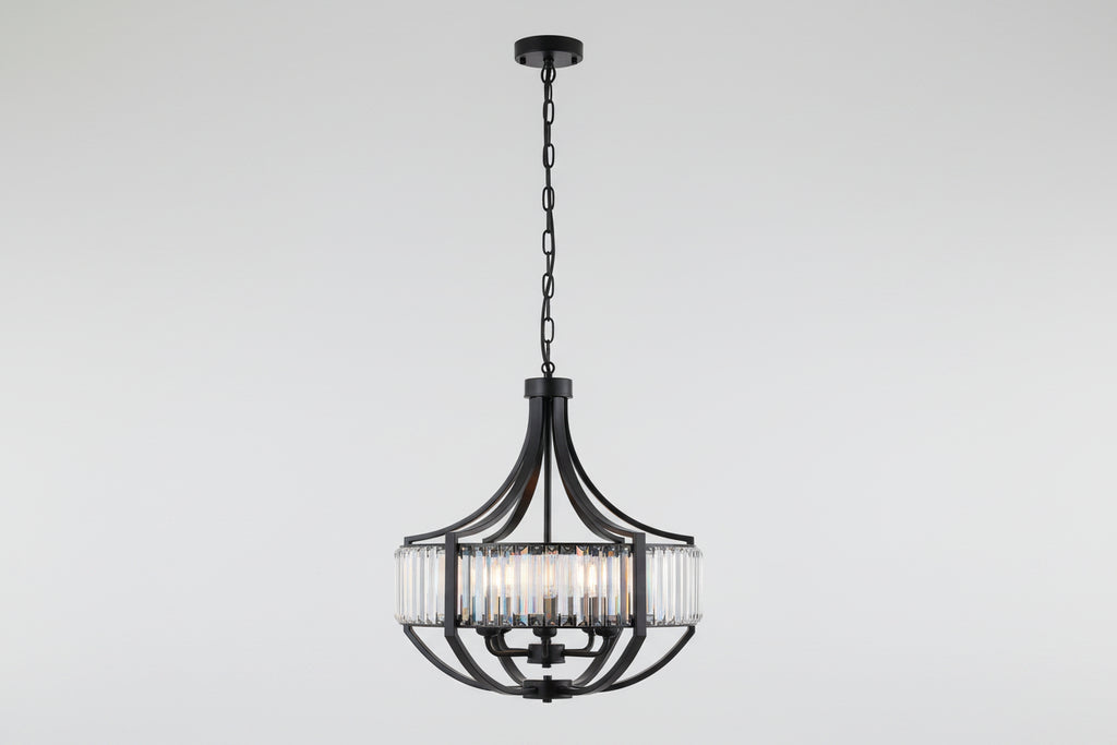 A modern multi-light chandelier with a black metal frame and clear cylindrical glass shades, suspended by a chain from a matching black ceiling canopy against a plain white background.