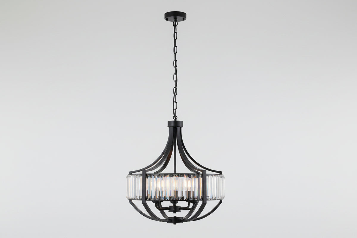 A modern multi-light chandelier with a black metal frame and clear cylindrical glass shades, suspended by a chain from a matching black ceiling canopy against a plain white background.