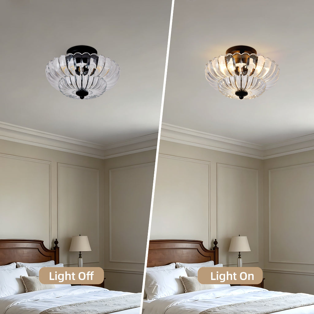 A split comparison showing a ceiling light fixture in a bedroom, labeled 'Light Off' on the left and 'Light On' on the right. The left side shows the light turned off with a dark ceiling mount and clear glass shade; the right side shows the light turned on with the same fixture glowing with warm light.