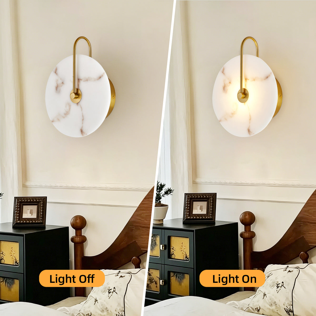 A split comparison showing a wall-mounted sconce in two states: left labeled 'Light Off' with the shade unlit, and right labeled 'Light On' with the shade illuminated. The fixture has a round white marble-look shade with a gold-toned curved arm and backplate, mounted above a bed in a bedroom setting.